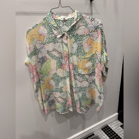 En Creme Tops - Lightweight Floral Dot Print Button-Up Collared Blouse - White Multicolor